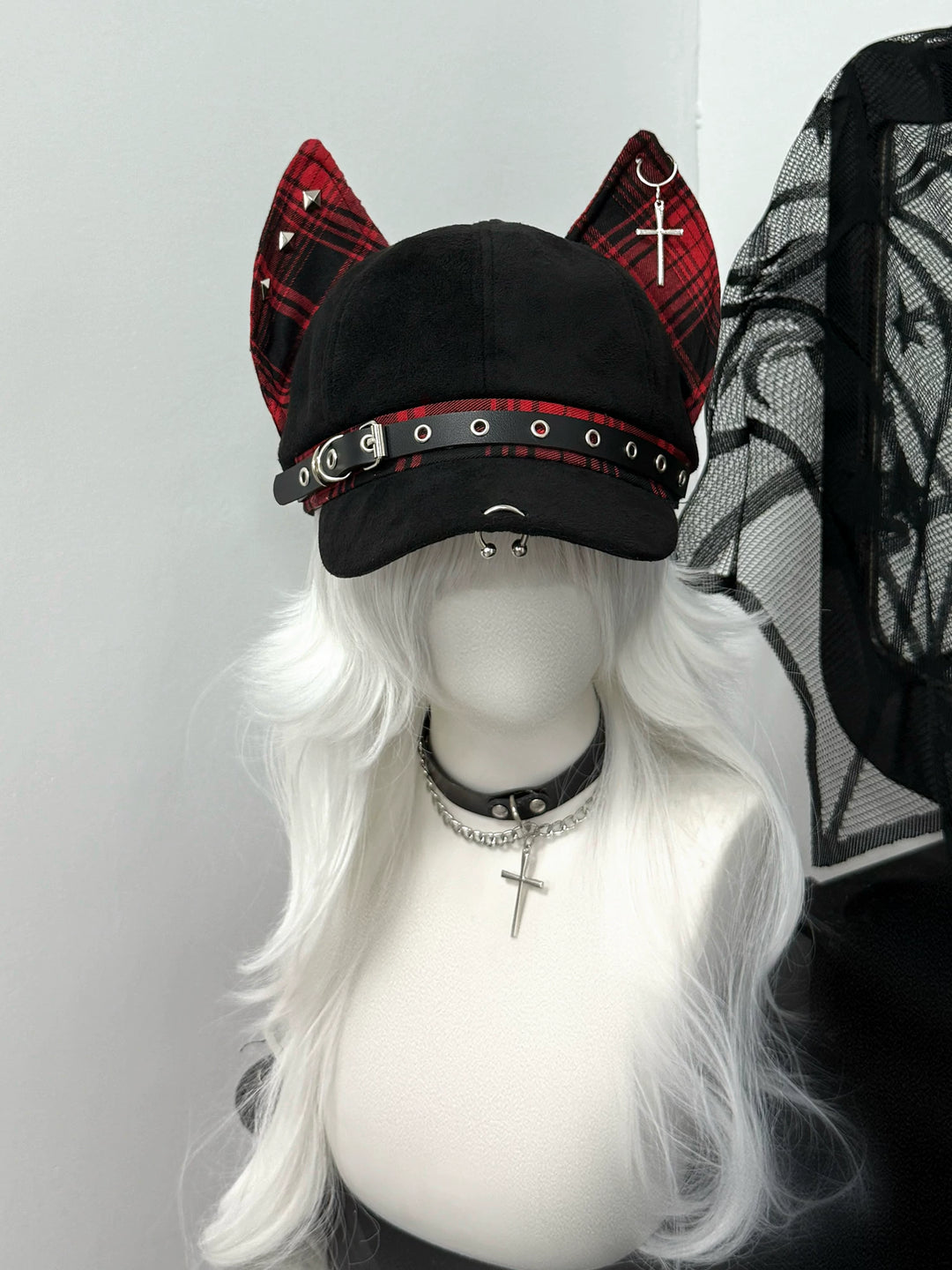 Punk Plaid Hat with Doberman Ears, Back Adjustable Strap (M) 45431:849920
