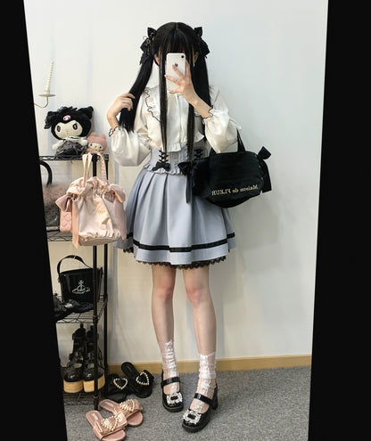 Jirai Kei White Black Blouse Lace Standing Collar Long Sleeved Shirt 31852:372684