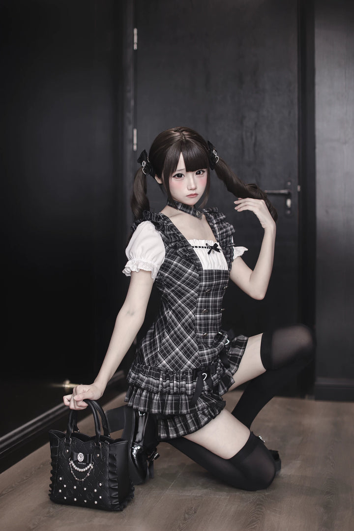 Jirai Kei Black Plaid Dress Set, Heart-Shaped Rhinestone 45004:834478