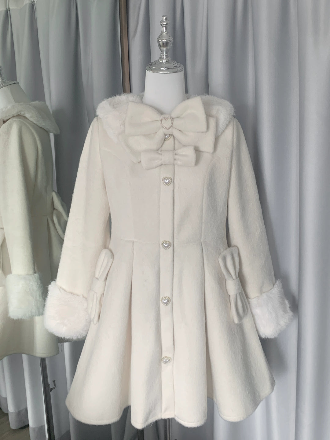 Winter Jirai Kei Coat Woolen Fleece Coat Bow Knot Coat (Beige / L M) 41032:685792