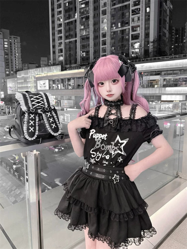 Halter Neck Punk Bunny Print T-shirt, Layered Star Skirt 45361:851446