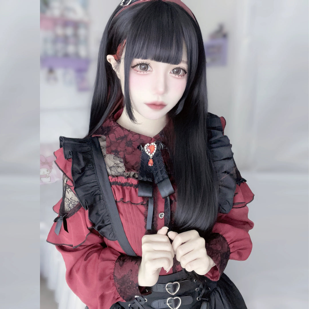 Jirai Kei Blouse Lace Bat Collar Wine Red And Black Shirt 39630:633388