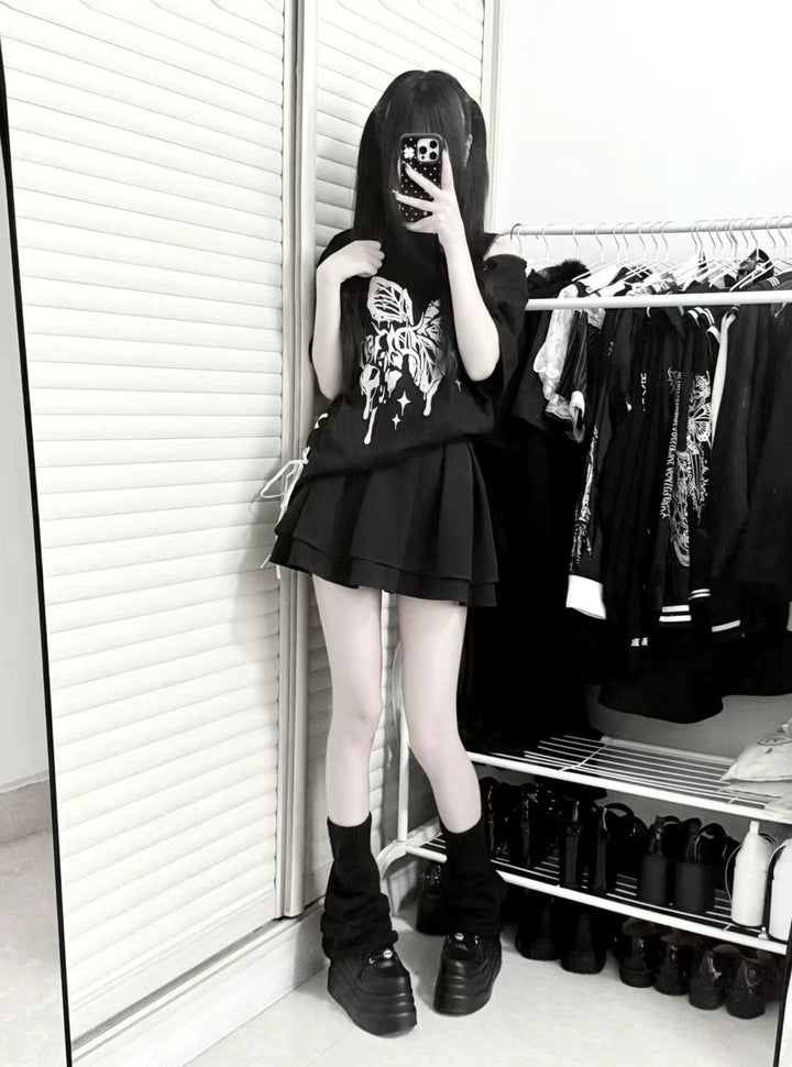 Cotton Gothic Butterfly Print T-Shirt, Zipper Shoulder (Black / L M) 43653:782342