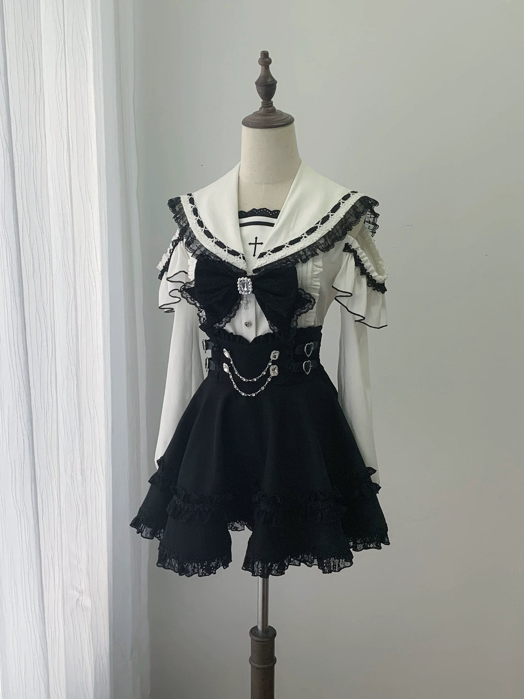 Lace Jirai Kei Sailor Collar Blouse, High Waist Skirt Set 45626:859332
