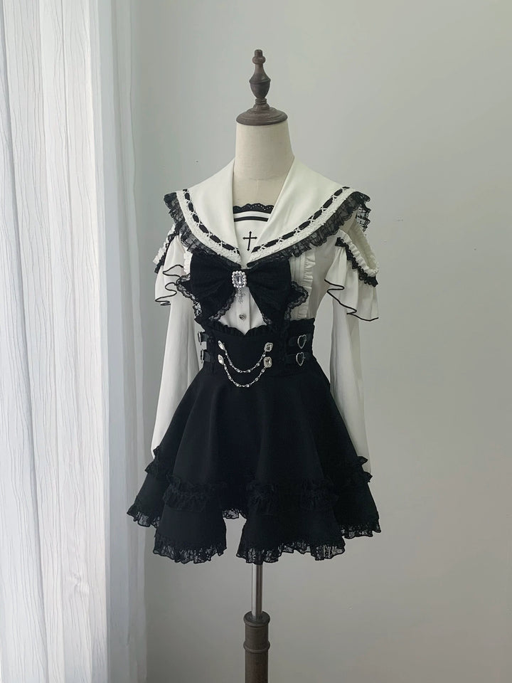 Lace Jirai Kei Sailor Collar Blouse, High Waist Skirt Set 45626:859332