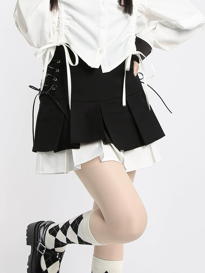 Kawaii Fashion Black Skirt Side Lace Up Pleated Skirt 22750:326950