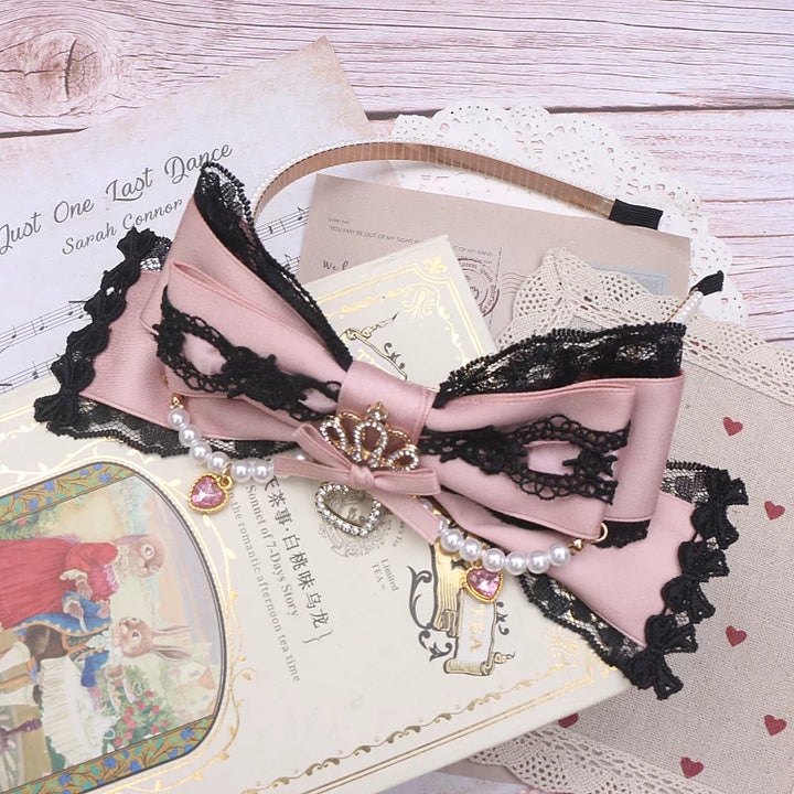 Jirai Kei Pearl-edged Headband, Crown & Heart Rhinestone 45073:833615