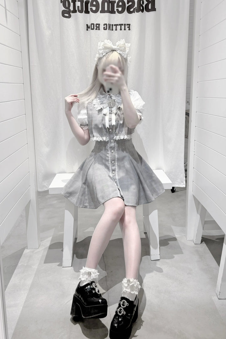 Layered Jirai Kei Dress, Detachable Rhinestone Bow 45196:841346