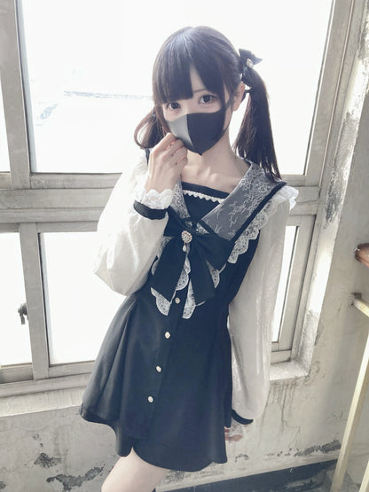 Black Jirai Kei Set Lace Sleeve Sailor Collar Dress Shorts (M / Black) 37650:567958