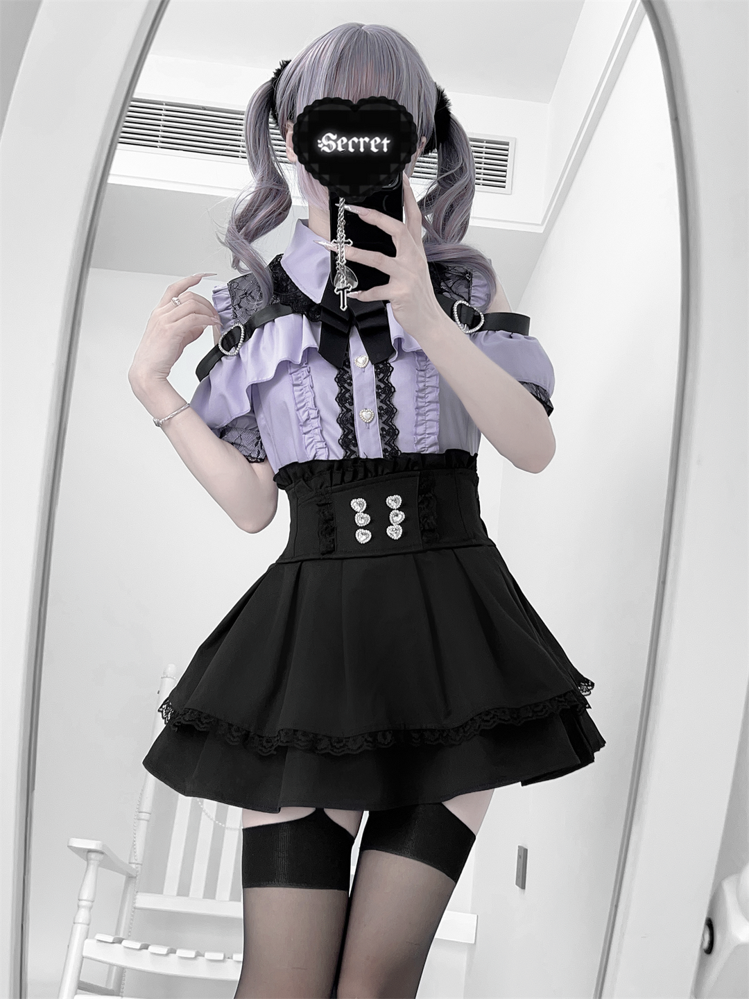 Black Jirai Kei Skirt High Waistband With Rhinestones 43246:771047