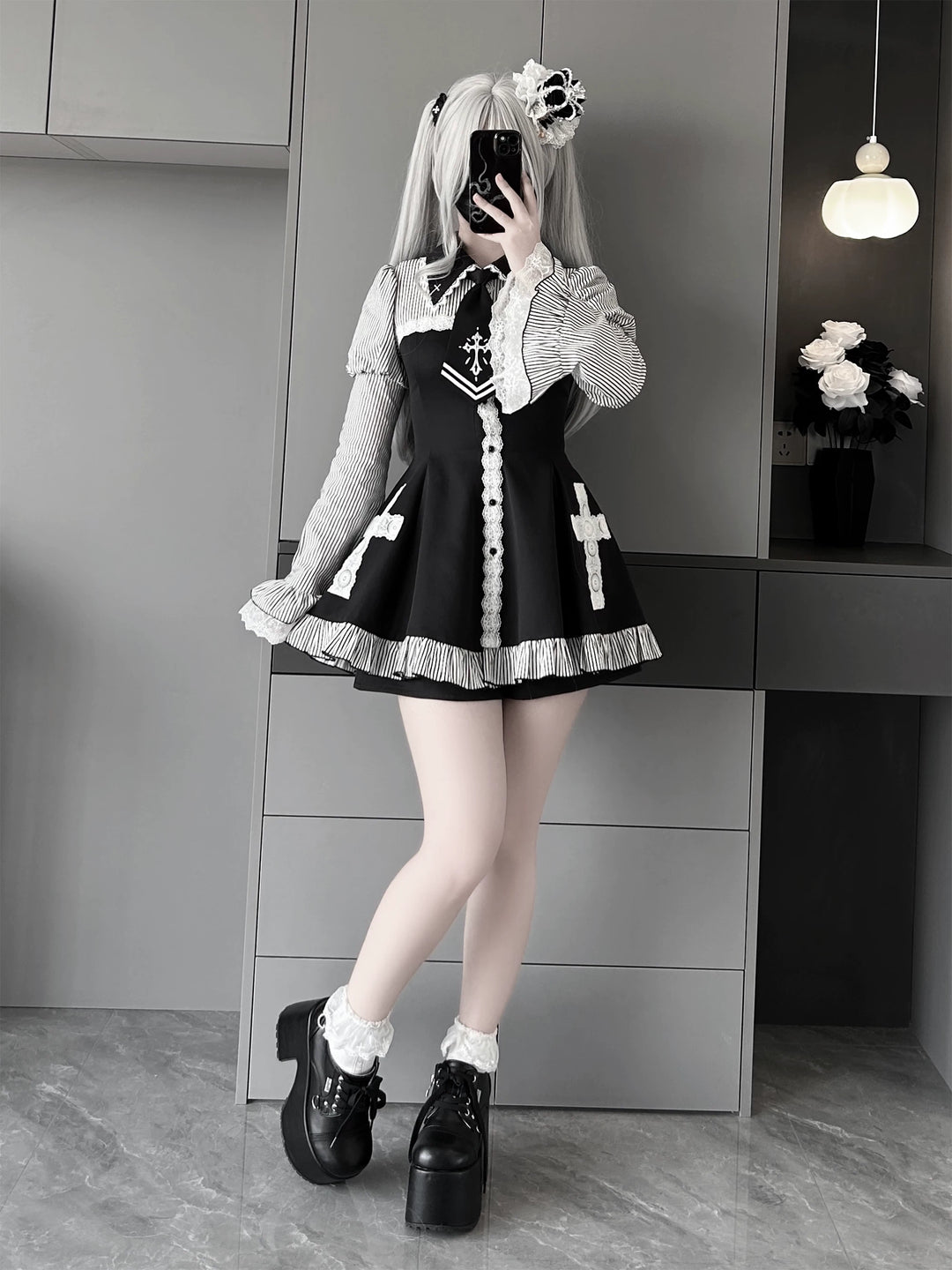 Front Button Closure Jirai Kei Dress, Cross Details 44744:821838