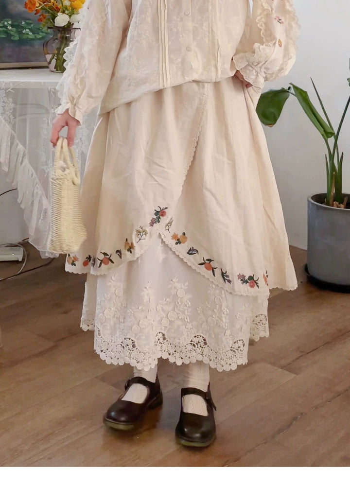 Mori Kei Skirt Sweet Retro Linen Embroidered Long Skirt 41802:714080