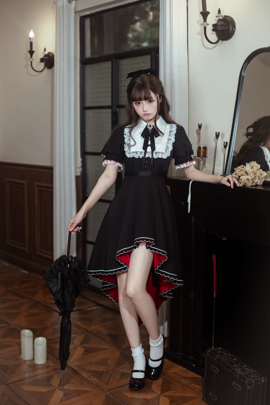 Gothic Style Lace Trim Dress, High-Low Hem 45334:848919