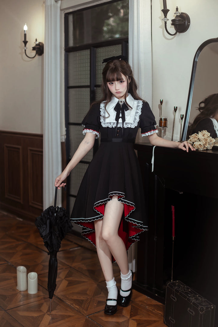 Gothic Style Lace Trim Dress, High-Low Hem 45334:848919