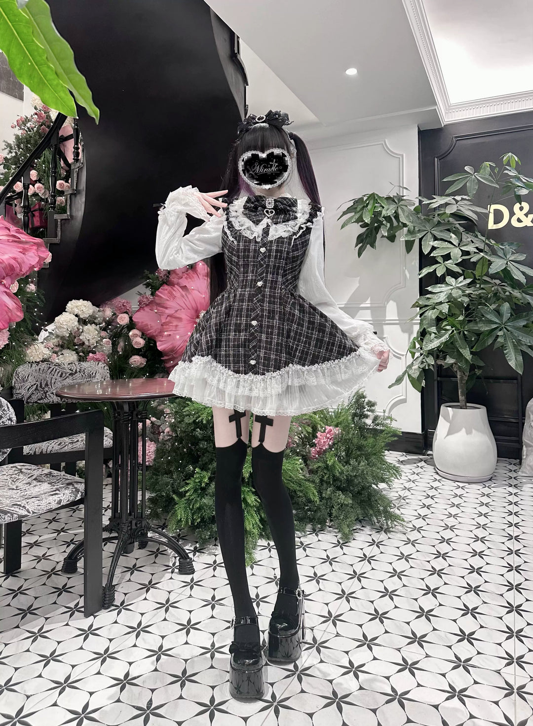 Jirai Kei Plaid Dress Set, Petal-Shaped Lace Hem 44765:825655