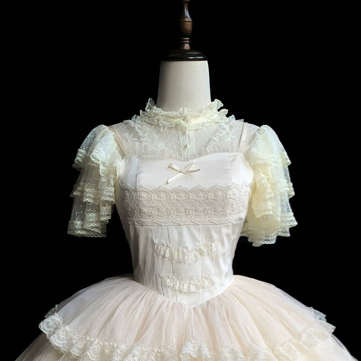 Classic Lolita Dress With Large Flounce Hem And Beige Puff Sleeves Shirt (L M S) 38068:608650