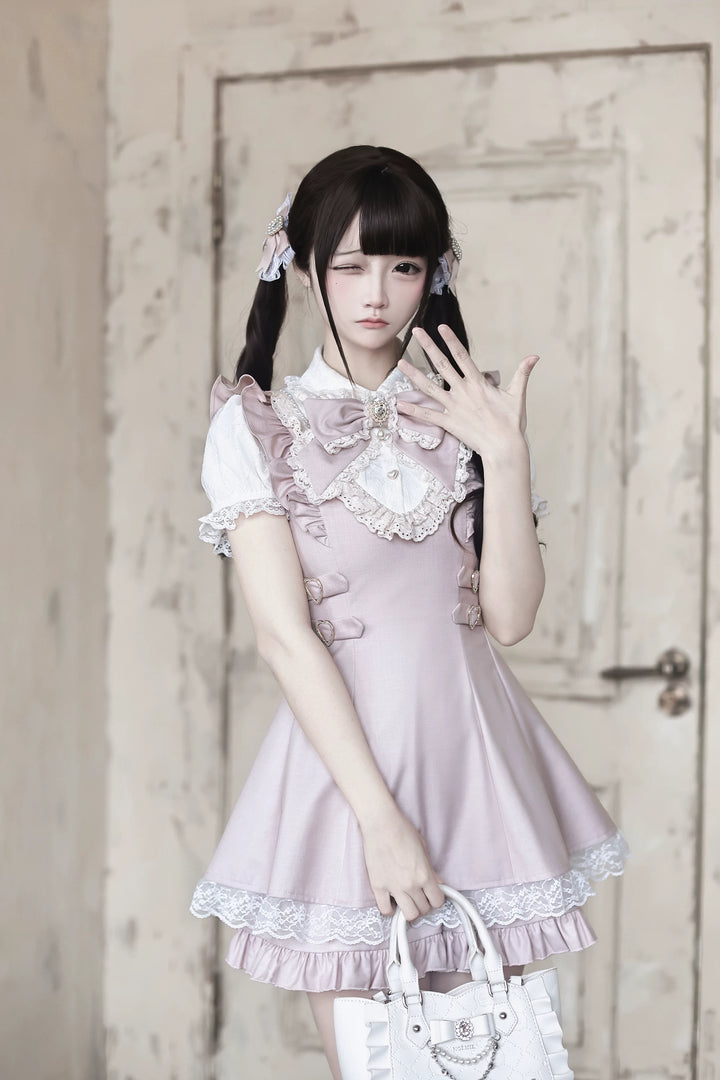 Ryousangata Pleated Hem Dress, Pearl-trimmed Neckline 45554:853364