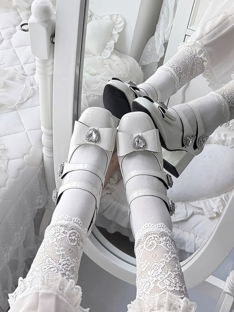 Jirai Kei Square Toe Chunky Heels, Heart rhinestone Details 45840:867430