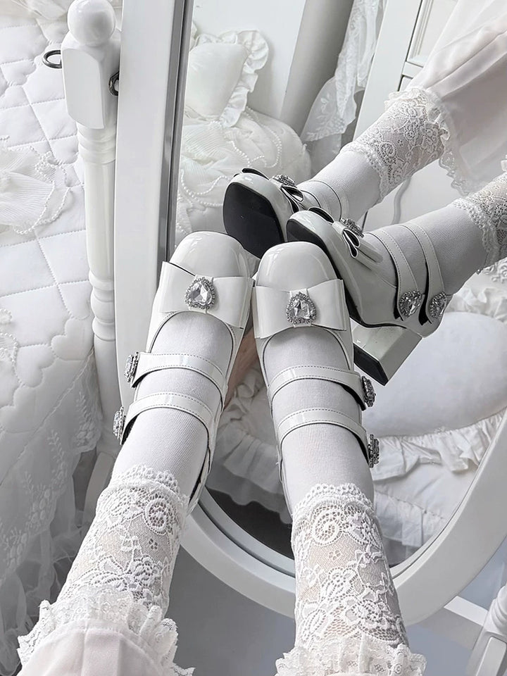 Jirai Kei Square Toe Chunky Heels, Heart rhinestone Details 45840:867430