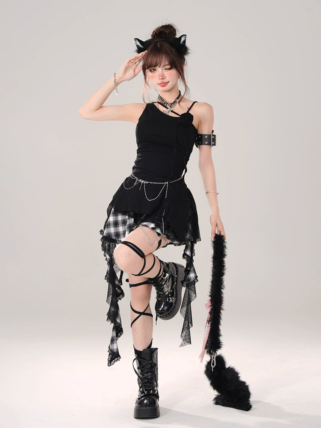 Gyaru Skirt Black Plaid Irregular Polka Dot Mesh Skirt 41996:722038