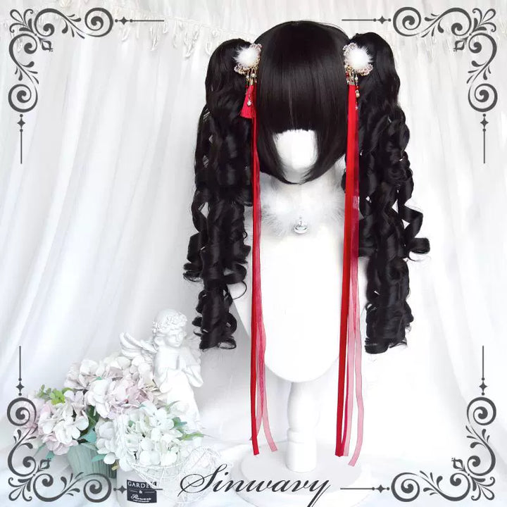 Black Jirai Kei Wig Set Lolita Roman Curly Double Ponytail 42183:730968