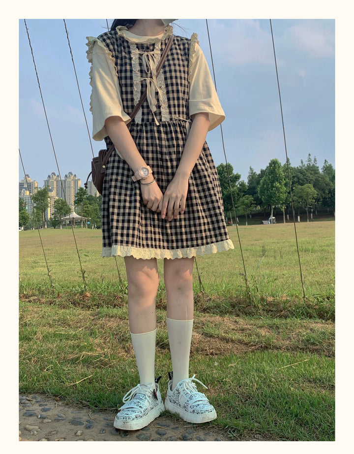 Kawaii Dress Mori Kei Dress Plaid Vest Dress Cotton Linen Dress 36450:523350 36450:523350