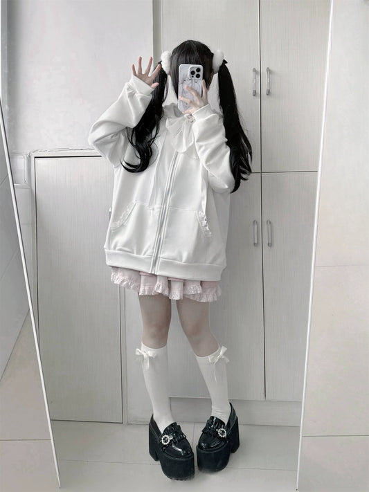Jirai Kei Hooide Bunny Ear Lace Cotton Coat Oversized Hoodie (均码) 33826:451252