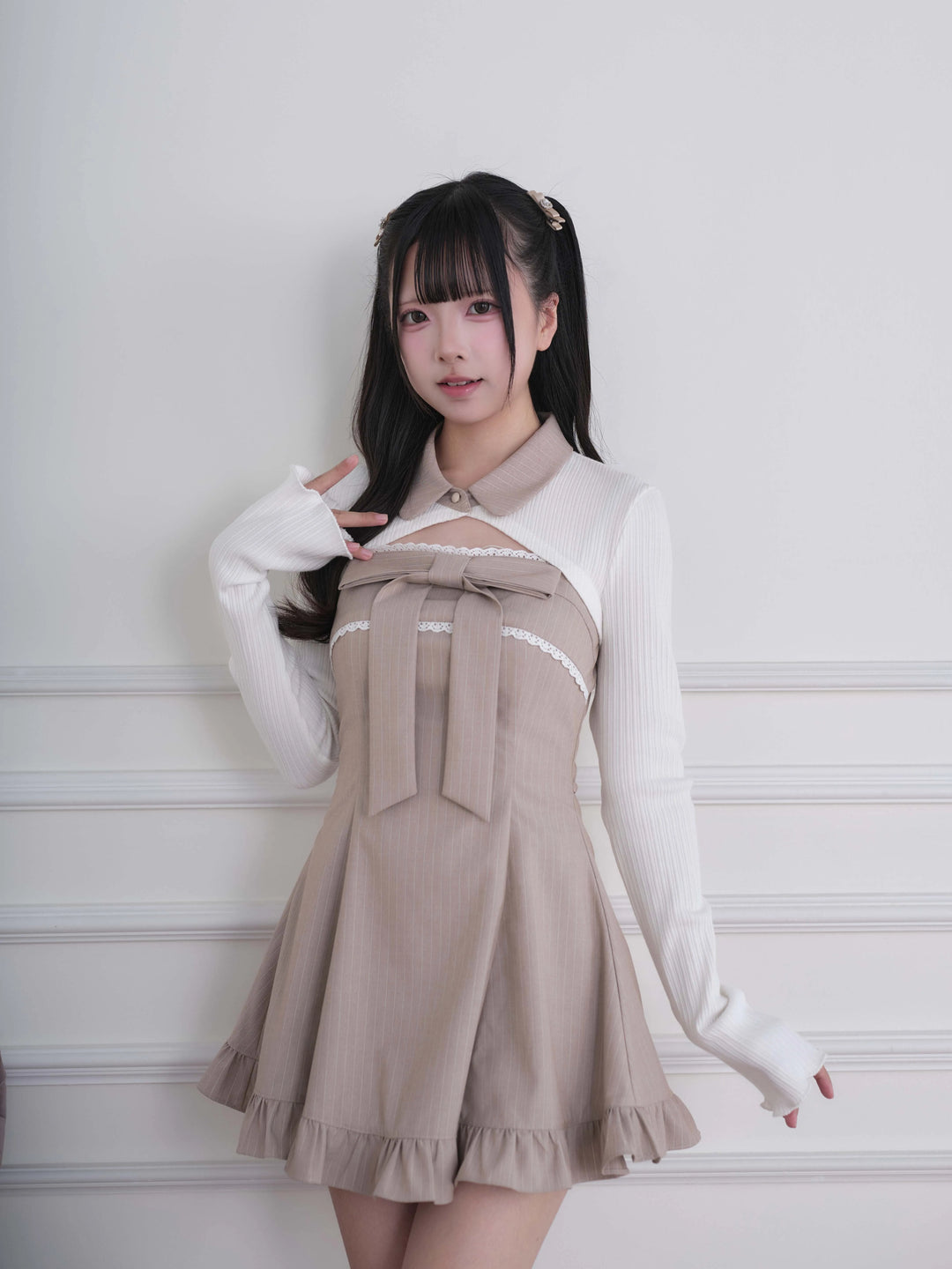 Ryousangata Dress & Knit Bolero Set, Plaid/Striped Pattern (M S) 46030:873168