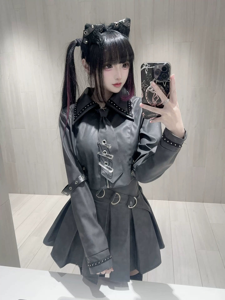Punk Style PU Jacket, Pleated Skirt 44568:816006