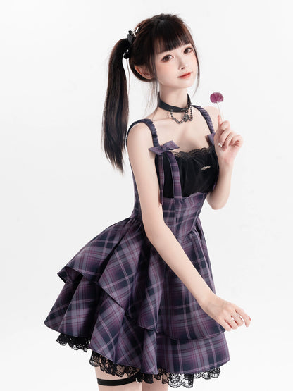 Kawaii Purple Plaid Onepiece Dress Black Bolero 22508:323414 22508:323414
