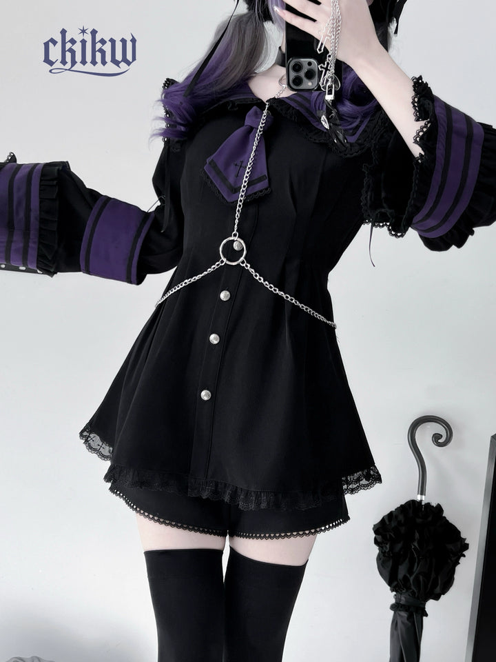 Sailor Collar Jirai Kei Dress Set, Detachable Armband (L M S XS) 43864:788497