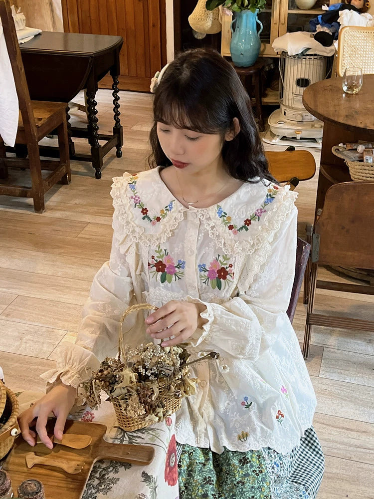 Mori Kei Blouse Flower Embroidery Shirt Anti-aging Top 36218:524588