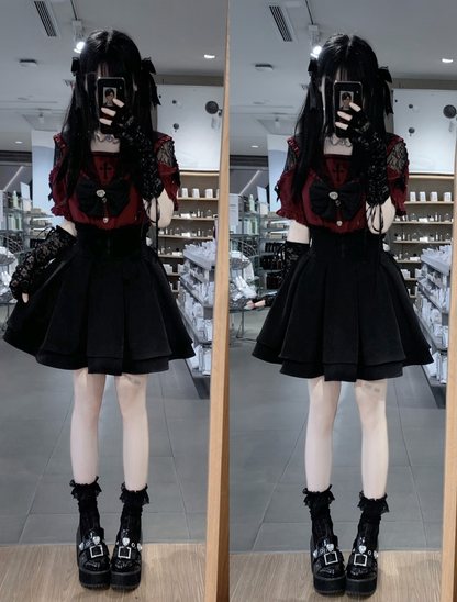 Jirai Kei Cross Blouse High Waist Skirt Short Sleeve Shirt (L M XL) 37118:552544
