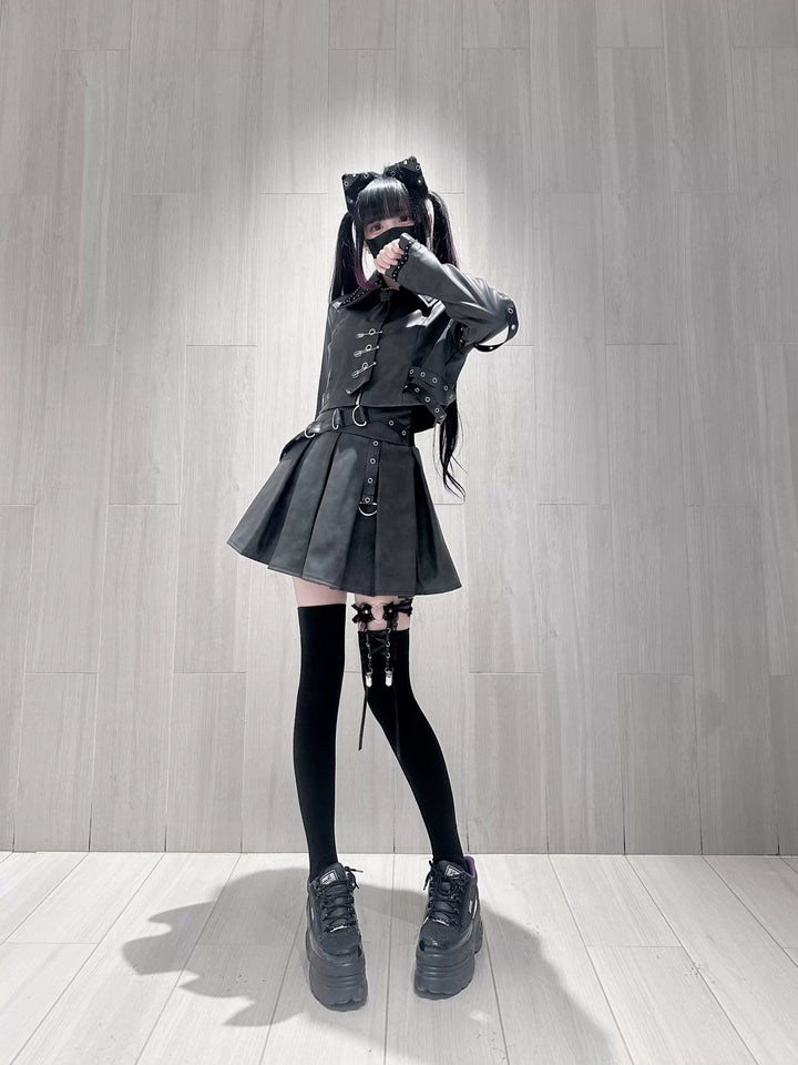 Punk Style PU Jacket, Pleated Skirt 44568:816019