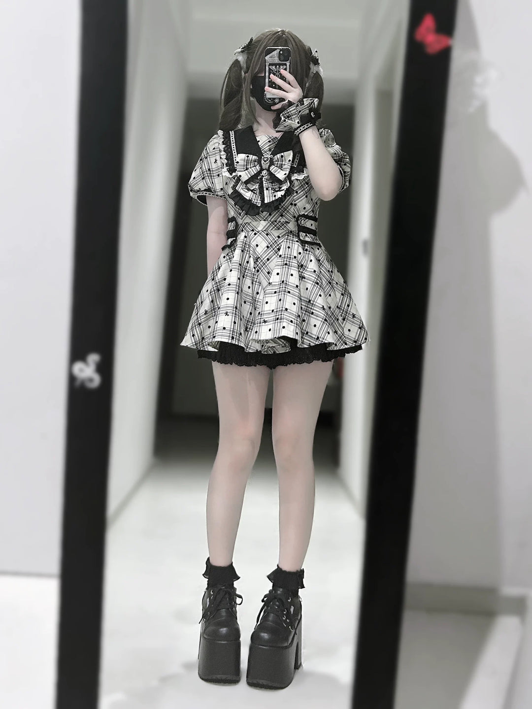 Cotton Lining Jirai Kei Dress, Plaid & Polka Dot Style 44924:829922