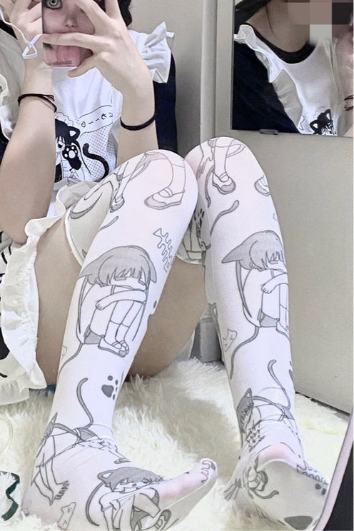 Yami Kawaii Socks Anime Print Socks White Velvet Thigh-high Socks 36620:526464