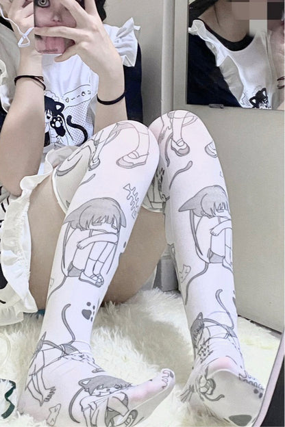 Yami Kawaii Socks Anime Print Socks White Velvet Thigh-high Socks 36620:526464
