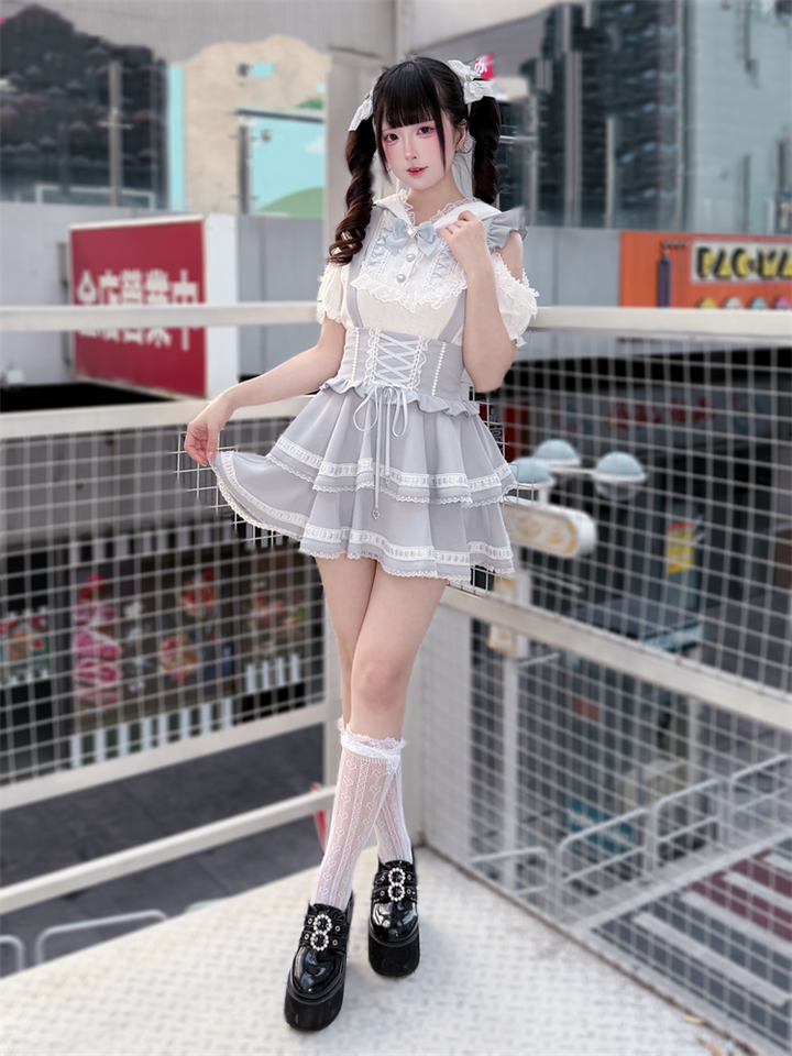 Ryousangata Bunny Ear Hooded Blouse, Tiered Suspender Skirt 45575:858434