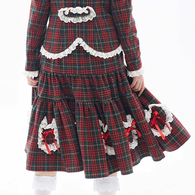 Retro Lolita Skirt Showa Christmas Winter Red Plaid Skirt 40316:662932