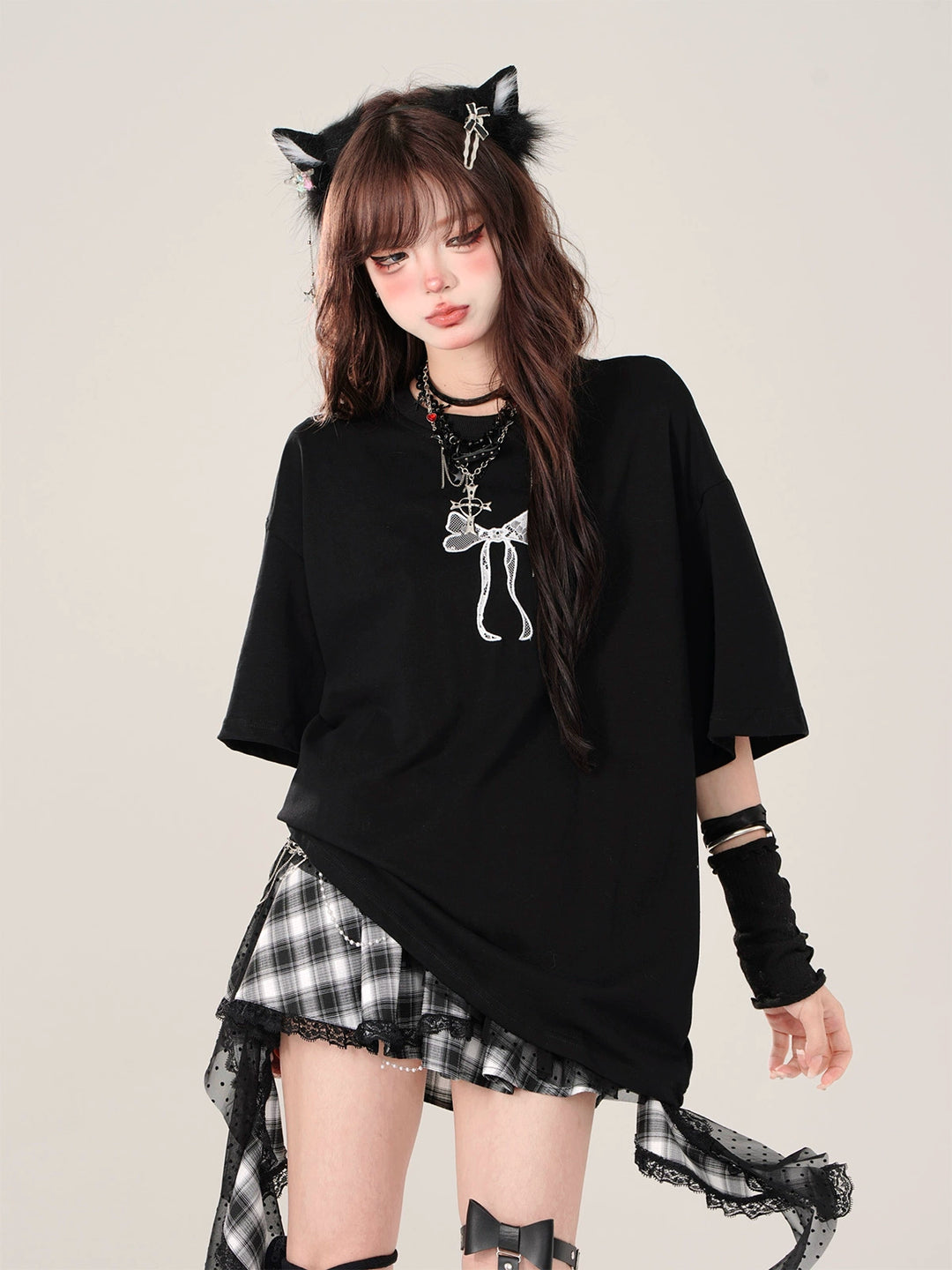 Gyaru Skirt Black Plaid Irregular Polka Dot Mesh Skirt 41996:721984