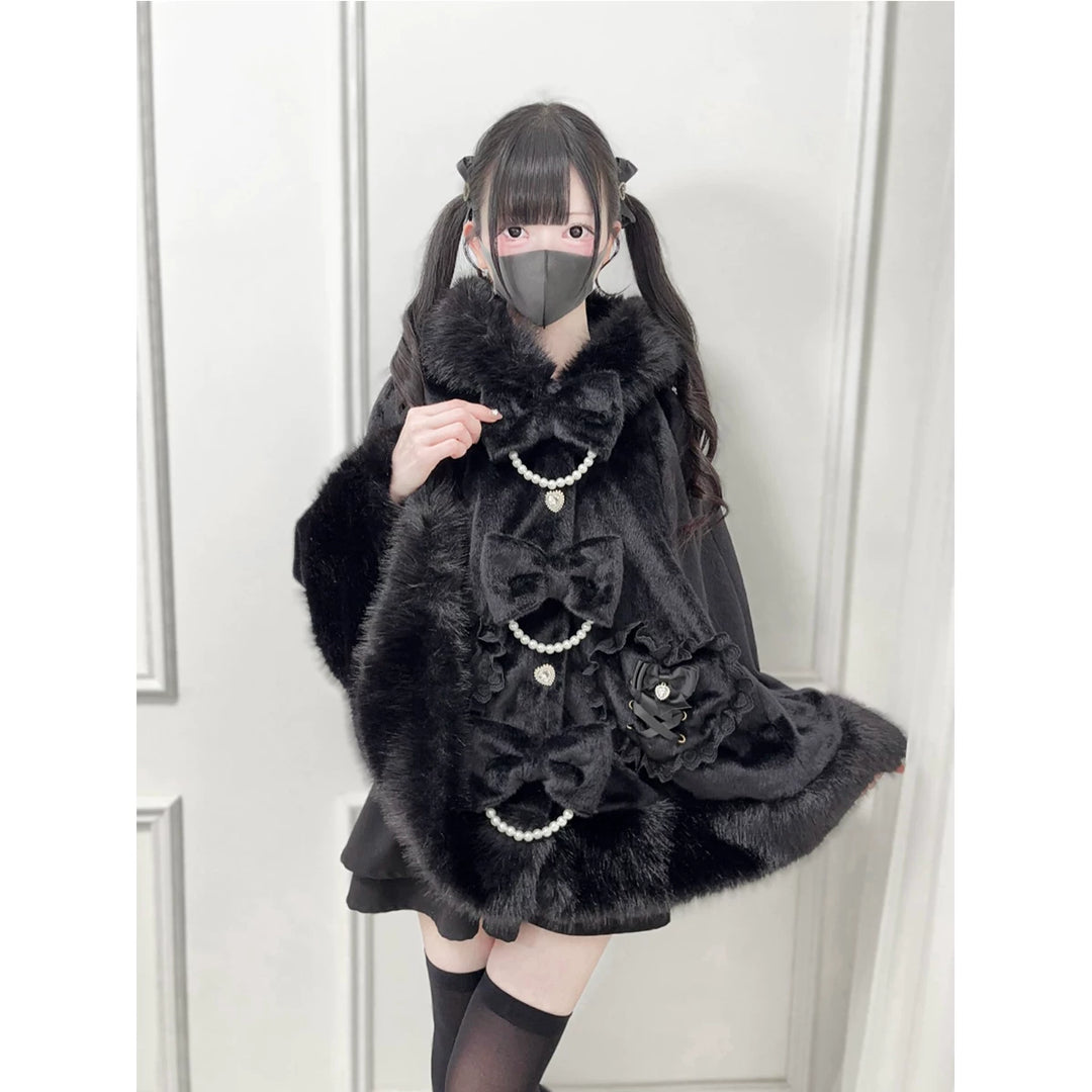 Hooded Jirai Kei Winter Cape, Bow Buttons 44428:808732