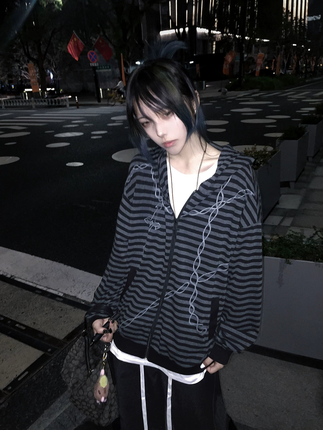 Gothic Striped Zip-Up Hoodie, Cotton for Summer 45270:844638