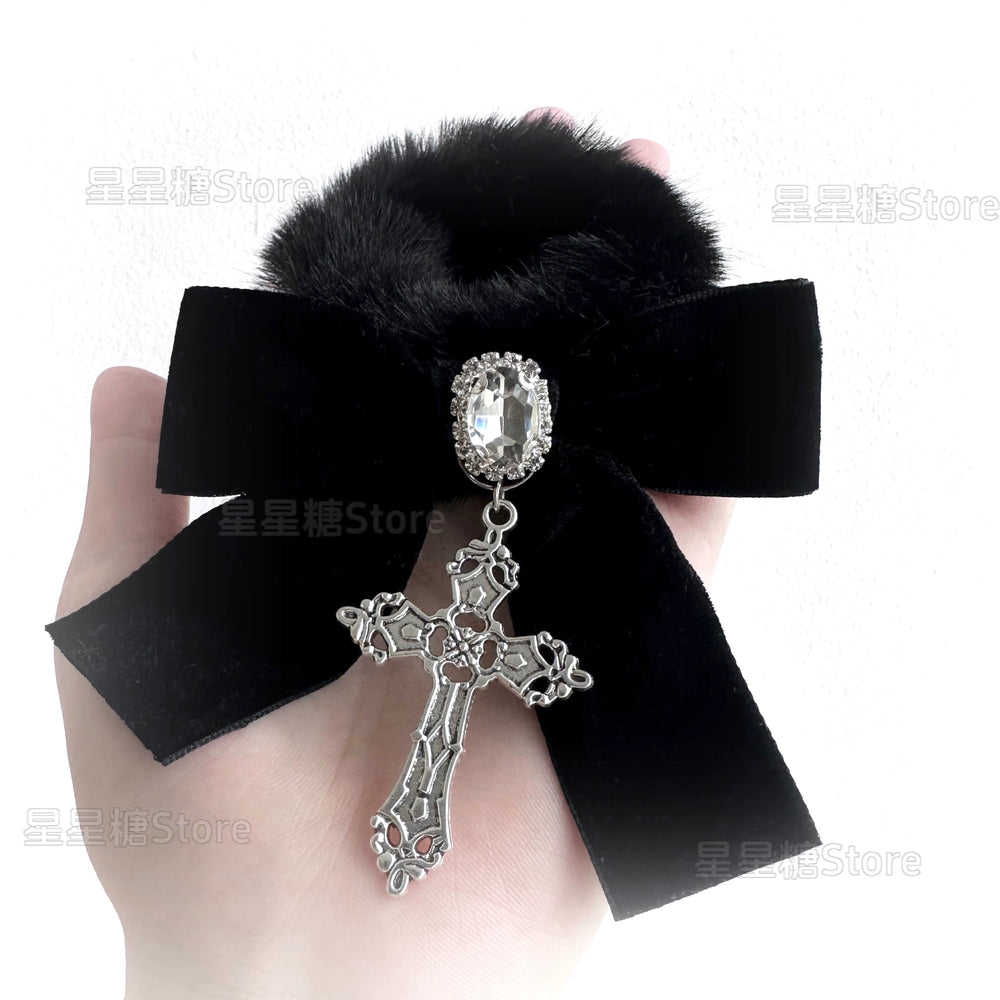 Jirai Kei Black Fluffy Hair Tie, Rhinestone and Cross 43870:791317