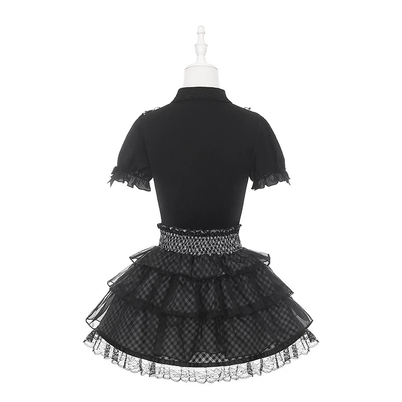 Jirai Kei Black Blouse and Plaid Skirt Set, Tulle Overlay 45572:855471