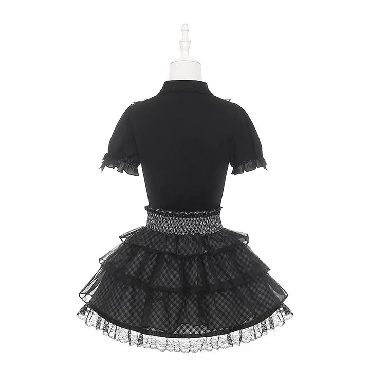 Jirai Kei Black Blouse and Plaid Skirt Set, Tulle Overlay 45572:855471