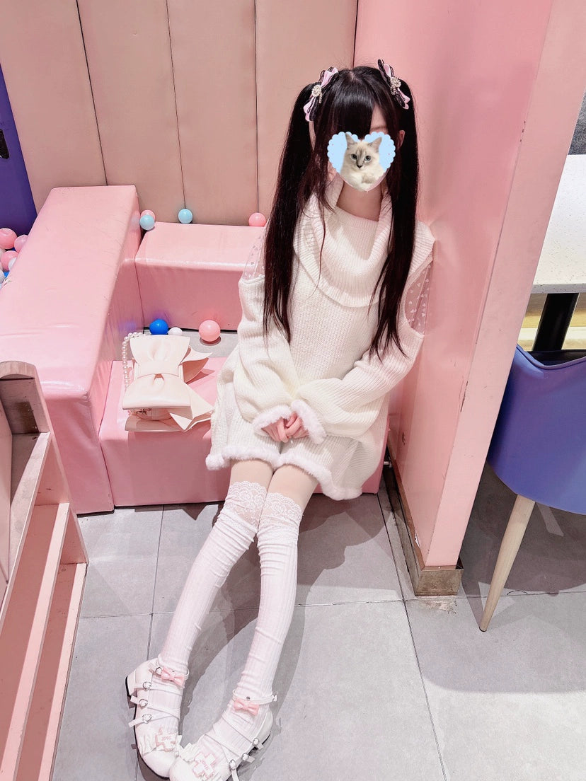 Jirai Kei White Sweater Dress Off-Shoulder Lace Dress 31844:372134