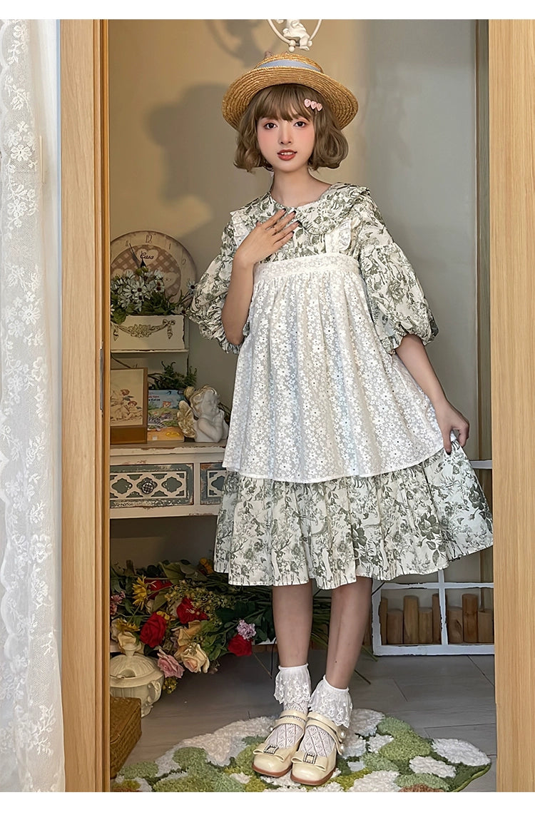 Mori Kei Dress Bubble Sleeve Vintage Green Floral Dress 36552:531242