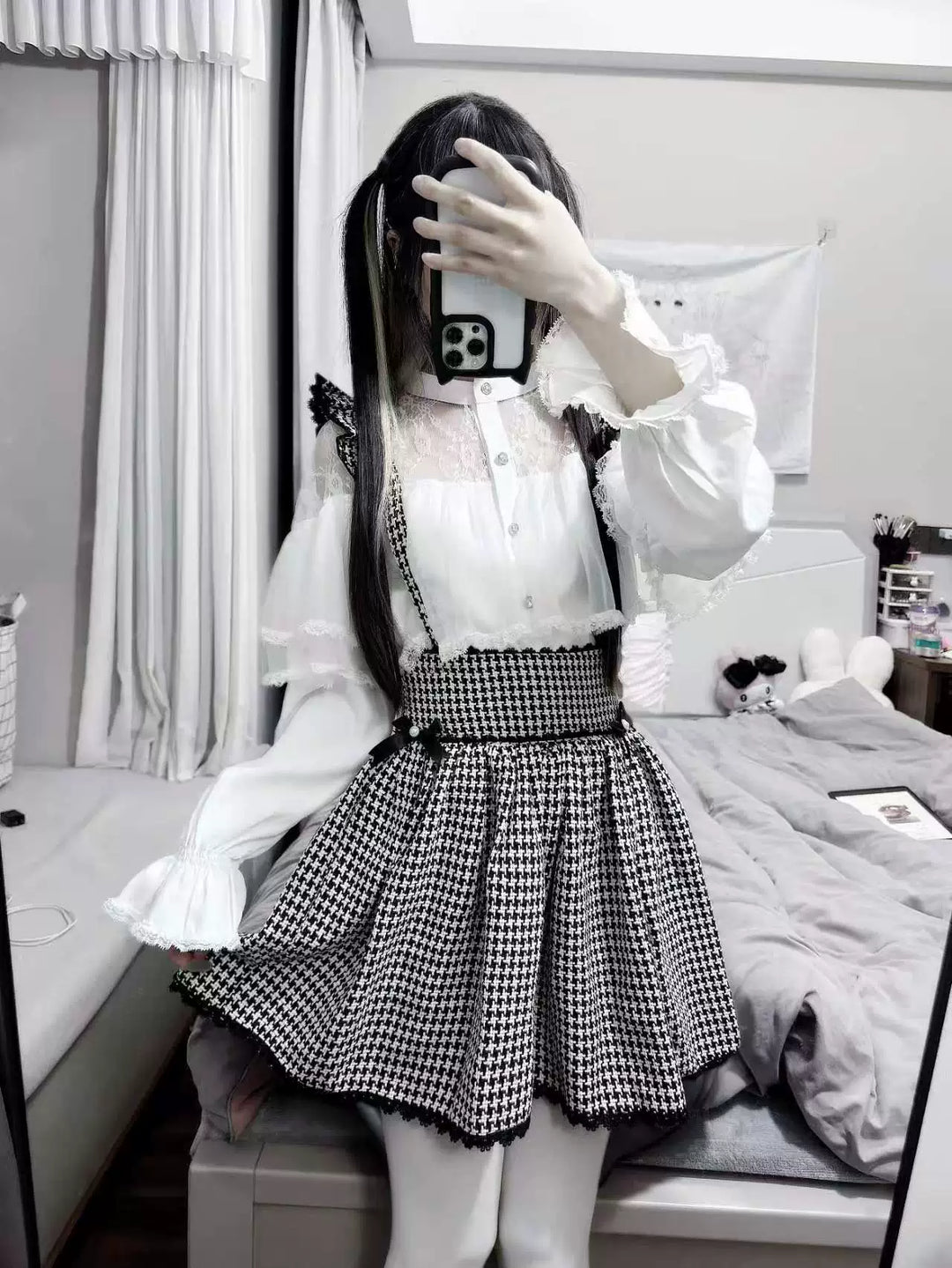 Jirai Kei Sheer Lace Shirt, Houndstooth Suspender Skirt (2XL L M S XL) 44894:827658