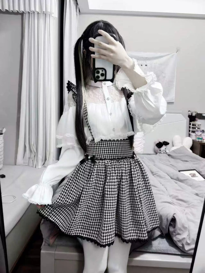 Jirai Kei Sheer Lace Shirt, Houndstooth Suspender Skirt (2XL L M S XL) 44894:827658