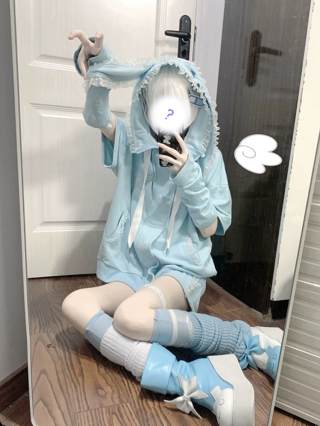 Jirai Kei Ryousangata Summer Light Blue Short Sleeve Hoodie 29442:349852 29442:349852